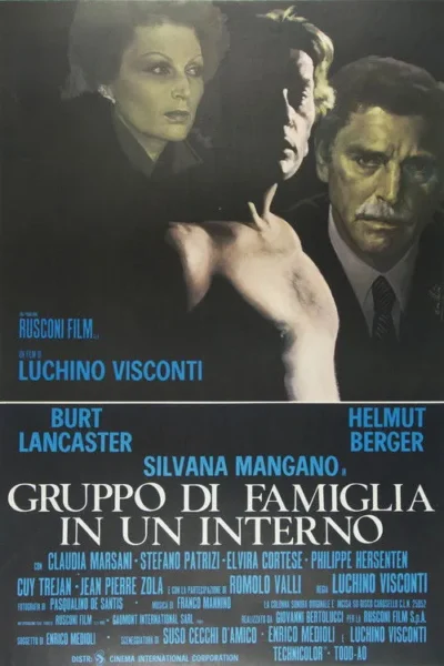 Pôster sombrio: Uma mulher e dois homens sérios, um de bigode, mais um torso nu. Clima dramático e misterioso.