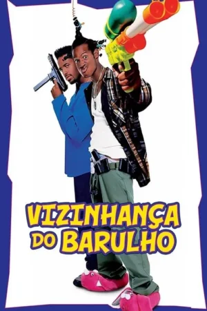 Dois homens. Um sério com arma real, outro divertido com arma de água e chinelos de coelho rosa. Poster de comédia caótica.
