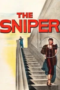 Pôster vintage. Mulher elegante na mira de rifle em longa escadaria de concreto. Homem ao fundo com arma. Tensão e suspense.