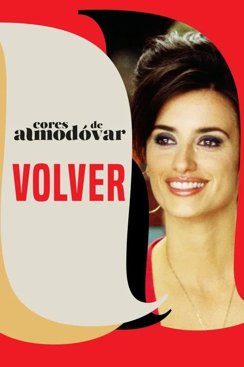 Pôster vibrante:mulher sorridente de cabelo escuro,olhos maquiados. Design com vermelho,bege e preto,em formas fluidas e marcantes.