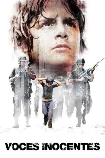 Rosto de um jovem olhando para cima. Abaixo, soldados armados e um menino com as mãos na cabeça. Cenário desbotado e sombrio, evocando guerra.