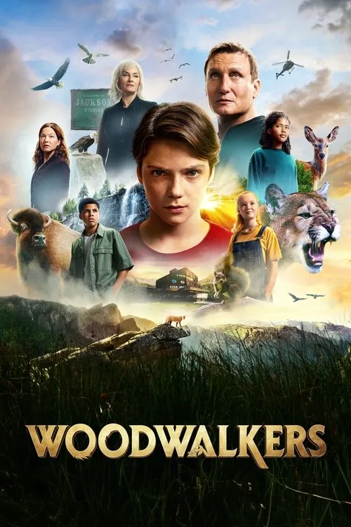 Woodwalkers 1 Jovem central,vários personagens,animais selvagens (puma,bisão,águia) em paisagem montanhosa com cachoeiras. Clima de aventura e mistério na natureza.