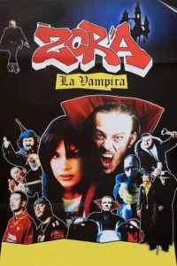 Pôster de horror-comédia com uma mulher e um vampiro gritando,cercados por diversos personagens,sobre um fundo escuro com castelo.