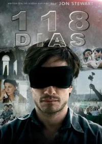 Homem com os olhos vendados no centro. Ao fundo,colagem de cenas:casal,mulher ao telefone,figura isolada,multidão protestando e uma rosa.