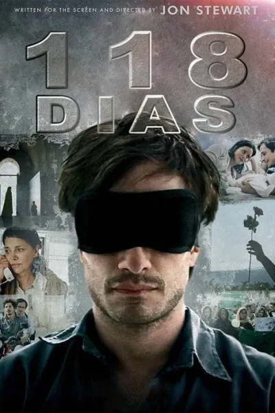 Homem com os olhos vendados no centro. Ao fundo, colagem de cenas: casal, mulher ao telefone, figura isolada, multidão protestando e uma rosa.