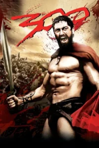 Pôster:Guerreiro barbudo e musculoso de capa vermelha e espada,rugindo em meio a uma batalha épica com respingos de sangue.