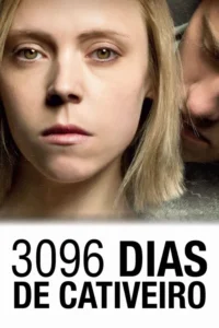Close-up de mulher loira com olhos intensos e expressão séria. Parte de um rosto masculino aparece à direita,criando um clima tenso.