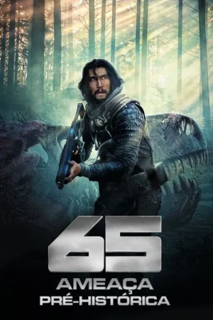 Homem sério com rifle futurista em floresta pré-histórica. Dinossauros à espreita nas sombras, clima de ação e suspense.