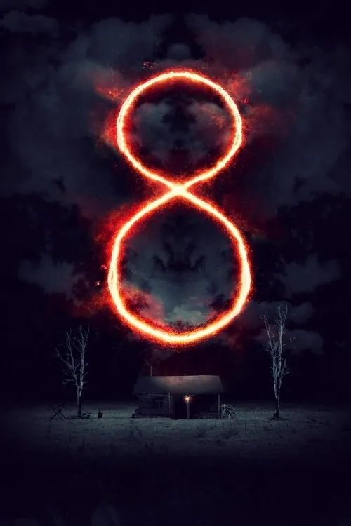 Um pôster de terror com um grande símbolo de infinito flamejante no céu escuro sobre uma cabana isolada e árvores secas em um campo.