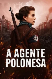 Mulher séria, de jaqueta, rifle e braçadeira de resistência, em cidade devastada pela guerra, com bandeiras nazistas e fumaça.