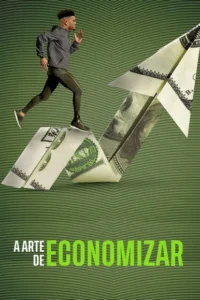 Homem correndo sobre uma trilha de notas de dólar dobradas em forma de seta ascendente. Fundo verde com listras. Evoca dinamismo e crescimento financeiro.