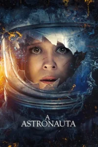 Mulher em capacete de astronauta rachado, com expressão de pânico. Fundo espacial escuro e caótico com brilhos alaranjados e azuis.