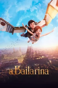 Menino e menina bailarina animados voam alegremente em asa-delta sobre Paris, com a Torre Eiffel. Céu azul vibrante.