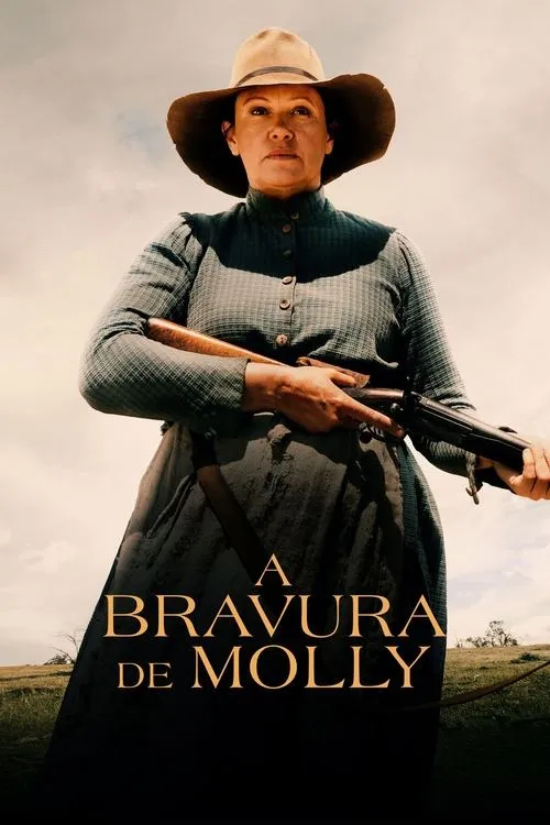 Mulher séria, de chapéu e vestido xadrez, segura um rifle. Em um campo aberto sob céu claro. Transmite força e determinação.