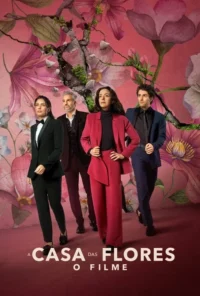 Quatro personagens em trajes formais,sérios,sobre fundo rosa florido com rachaduras dramáticas. Clima de tensão.