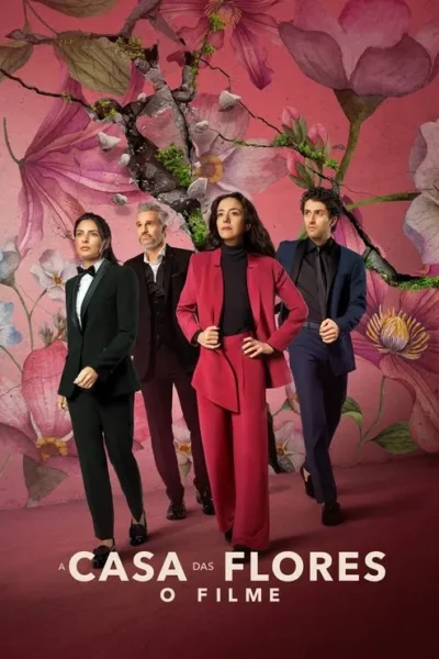 Quatro personagens em trajes formais, sérios, sobre fundo rosa florido com rachaduras dramáticas. Clima de tensão.