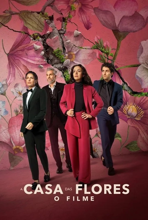 Quatro personagens em trajes formais, sérios, sobre fundo rosa florido com rachaduras dramáticas. Clima de tensão.