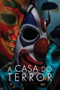 Pôster com colagem de três máscaras assustadoras:um palhaço central,uma vermelha sorrindo e uma azul. Clima de terror.