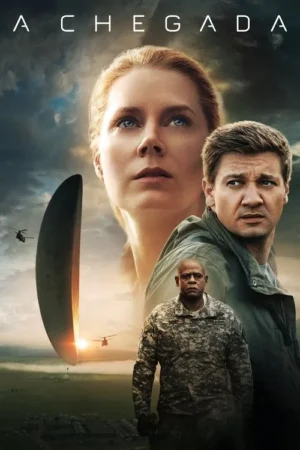 Mulher e dois homens sérios em close, um militar em primeiro plano. Objeto alienígena vertical no horizonte nebuloso com helicópteros.