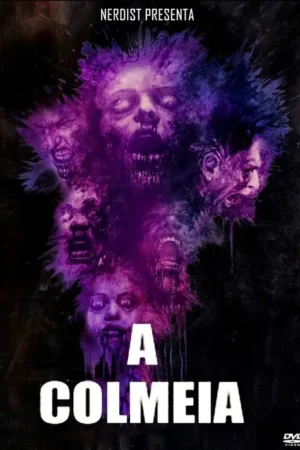 Pôster de horror: Várias faces grotescas, pálidas e roxas, com bocas abertas e dentes à mostra, emergem de um fundo escuro.