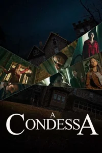 Pôster fragmentado com casa escura e noturna,mostrando vários personagens tensos e assustados em cenas internas e externas. Clima de terror.
