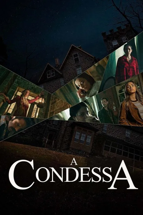 Pôster fragmentado com casa escura e noturna,mostrando vários personagens tensos e assustados em cenas internas e externas. Clima de terror.