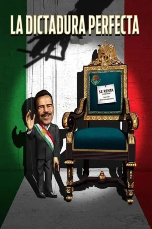 Caricatura de político com faixa presidencial e cordões de marionete. Um trono vazio com placa Aluga-se na bandeira mexicana desgastada.