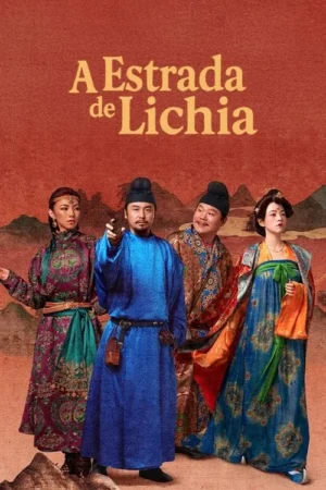 Quatro personagens asiáticos em roupas tradicionais coloridas. Um homem de azul aponta, ao fundo um deserto avermelhado com montanhas.