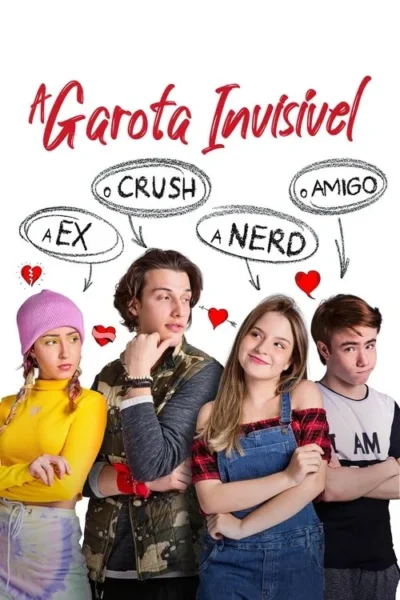 Quatro jovens em fundo branco. Corações e rótulos como 'ex', 'crush', 'nerd', 'amigo' flutuam acima. Clima de romance juvenil e comédia.