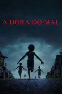 Crianças de braços abertos correm por uma rua suburbana sob céu escuro e nublado. Clima misterioso e sinistro.