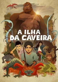 Pôster animado. Um gorila gigante domina o topo, com um grupo de humanos e diversos monstros abaixo. Clima de aventura perigosa em uma ilha.