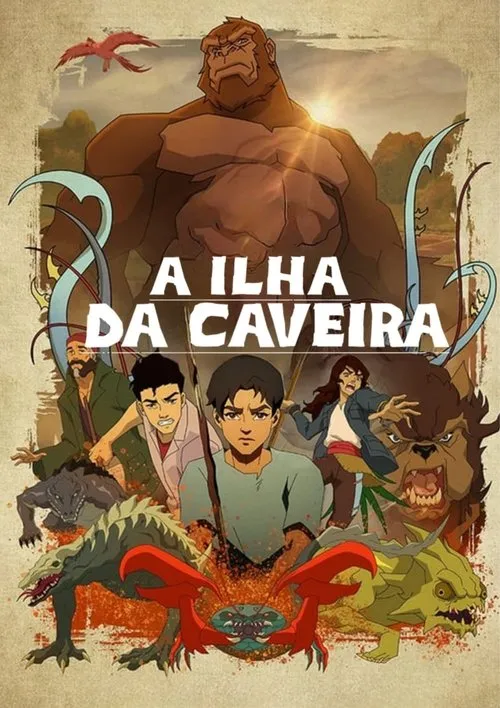 Pôster animado. Um gorila gigante domina o topo, com um grupo de humanos e diversos monstros abaixo. Clima de aventura perigosa em uma ilha.