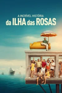 Homem relaxa em sofá sob guarda-sol no topo de plataforma sobre o mar. Abaixo,grupo festeja. Navios se aproximam no horizonte azul.