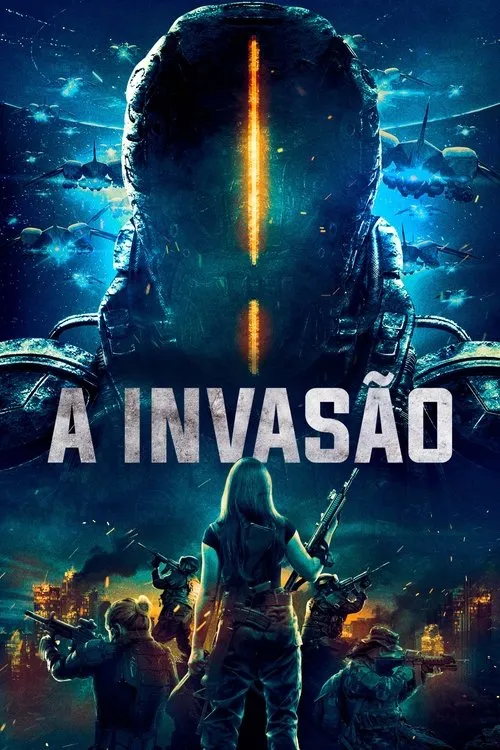 Pôster sombrio: soldados armados em uma cidade destruída encaram uma figura alienígena colossal e naves de guerra em um céu noturno.