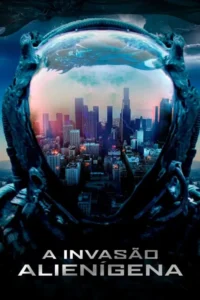 Uma estrutura alienígena escura emoldura uma cidade em chamas sob ataque. Arranha-céus explodem sob um céu tempestuoso. Clima de invasão catastrófica.