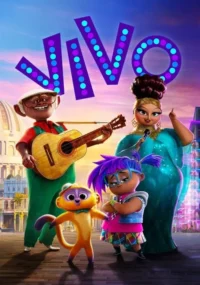 Pôster animado vibrante. Homem com violão,pequeno animal,menina de cabelo roxo e cantora em cenário urbano ao pôr do sol,com letras neon.