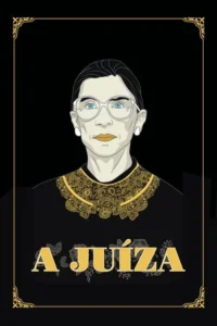 Ilustração estilizada de uma mulher séria,de óculos,com gola rendada dourada,em fundo preto e moldura elegante.
