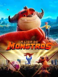 Grande monstro vermelho sorrindo com uma garota. Pequenos monstros lutam em um ringue com público,criando um clima divertido e vibrante.