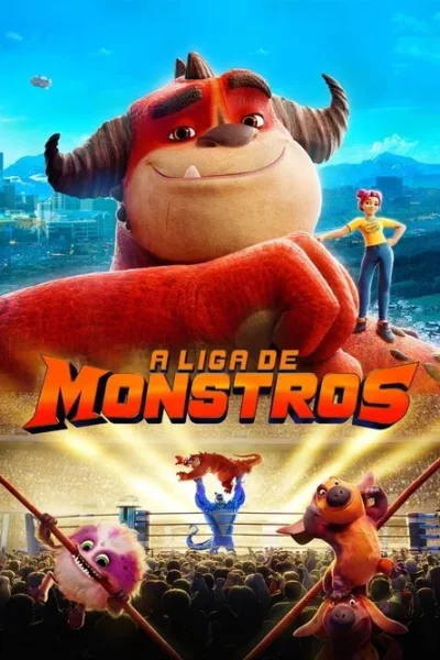 Grande monstro vermelho sorrindo com uma garota. Pequenos monstros lutam em um ringue com público, criando um clima divertido e vibrante.