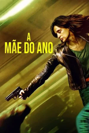 Mulher em jaqueta de couro e jeans, com ferimentos, segura uma pistola em ação. Fundo abstrato verde/amarelo.
