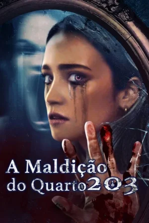 Pôster de horror. Mulher com maquiagem escorrida e olhos roxos. Um fantasma aparece em espelho quebrado; mão ensanguentada.