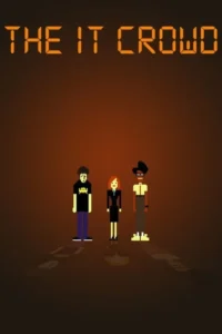 Pôster pixel art. Três figuras: homem de camiseta geek, mulher de terno e homem de óculos/suspensórios. Fundo laranja escuro com sombras.