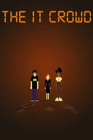 Pôster pixel art. Três figuras: homem de camiseta geek, mulher de terno e homem de óculos/suspensórios. Fundo laranja escuro com sombras.