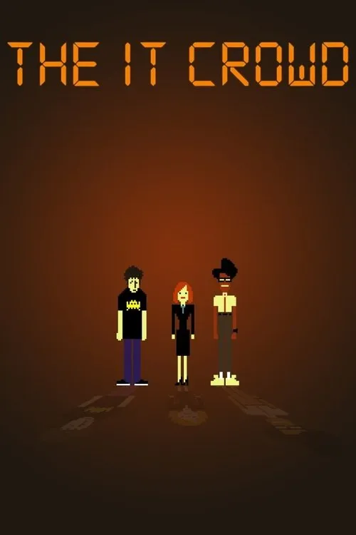 Pôster pixel art. Três figuras: homem de camiseta geek, mulher de terno e homem de óculos/suspensórios. Fundo laranja escuro com sombras.