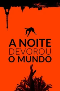 Pôster laranja vibrante. Silhueta preta de Paris invertida no topo. Pessoa caindo e muitas mãos erguidas na base. Clima apocalíptico.