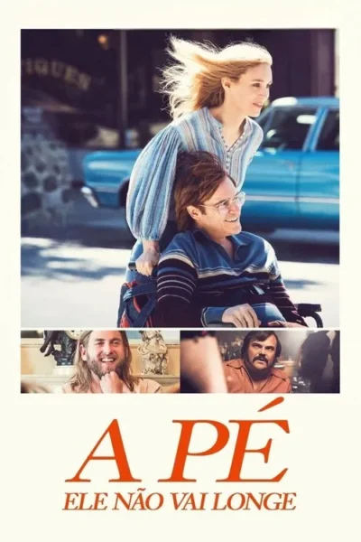 Mulher sorridente empurra homem em cadeira de rodas em rua ensolarada. Fotos menores de um homem feliz e outro sério completam o pôster.