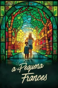 Pôster em estilo vitral:mulher e menina em rua colorida com árvores e casas. Cenário vibrante e acolhedor,de conto de fadas.