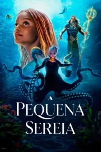 Pôster subaquático:jovem sereia negra de dreads olha para cima. Bruxa polvo e rei tritão no fundo azul-escuro com corais.