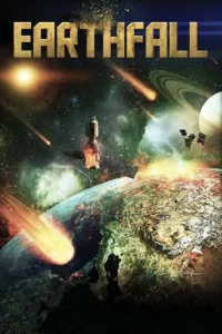 Pôster sci-fi: Planeta em calamidade com meteoros em chamas e explosões na superfície. Satélites e anéis planetários em um espaço caótico.