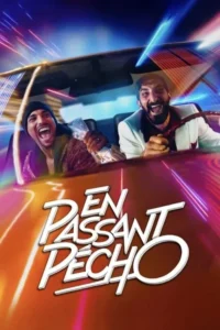 Dois homens risonhos em carro veloz, um com dinheiro. Luzes néon vibrantes e um clima de alta energia e euforia.